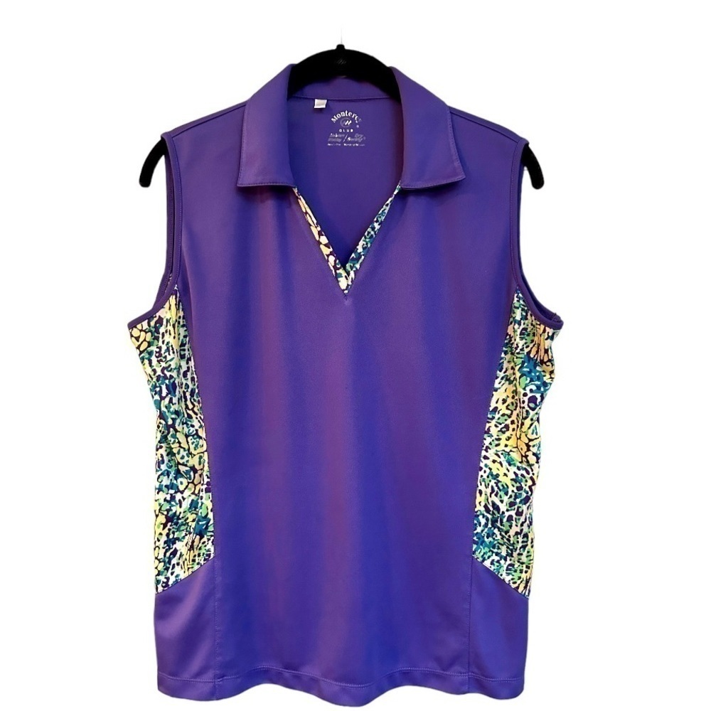 MONTEREY CLUB,WOMENS, SLEEVELESS GOLF SHIRT. PURPLE WITH MULTICOLOR PRINT.SIZE L